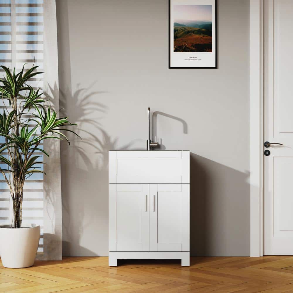 Tileon Stainless Steel Drop-In Laundry Sink with Cabinet and Faucet Combo in White