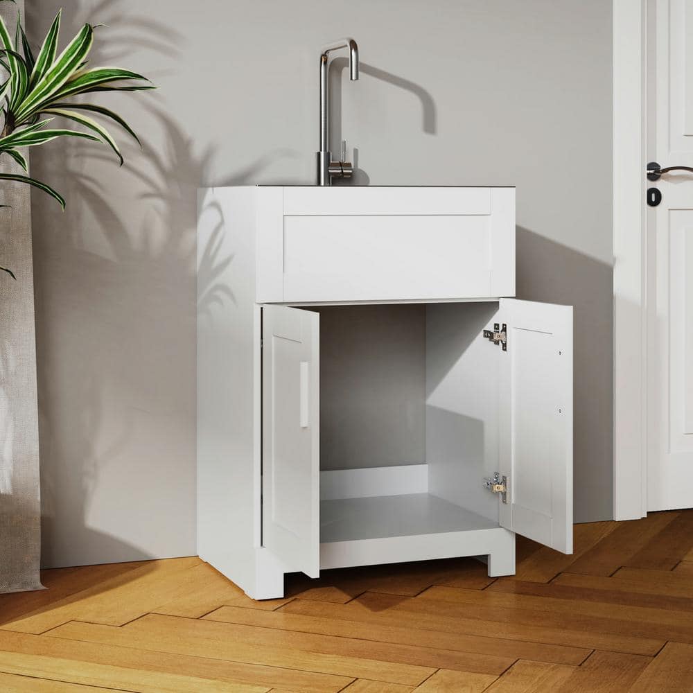 Tileon Stainless Steel Drop-In Laundry Sink with Cabinet and Faucet Combo in White