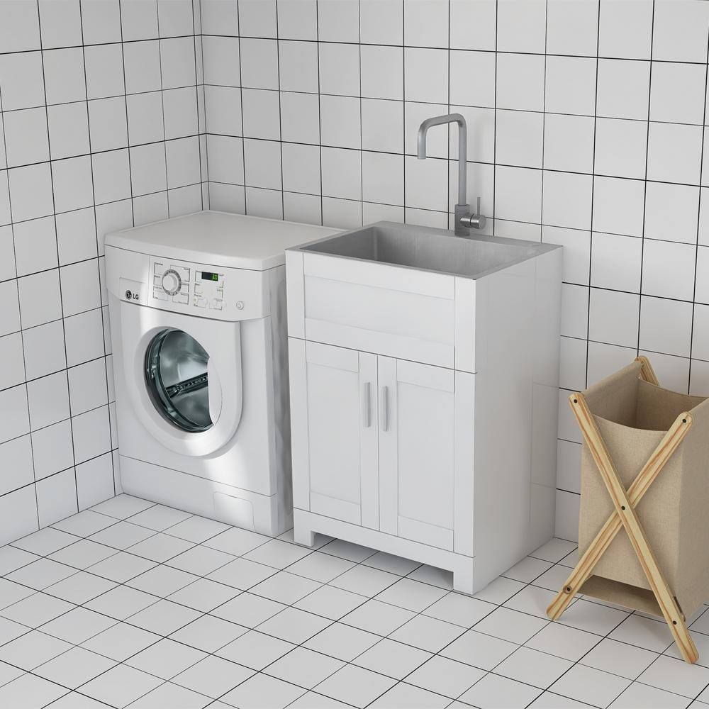 Tileon Stainless Steel Drop-In Laundry Sink with Cabinet and Faucet Combo in White