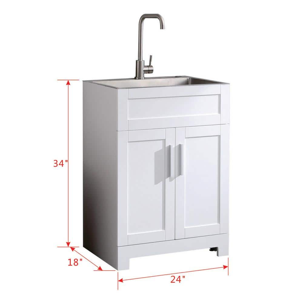 Tileon Stainless Steel Drop-In Laundry Sink with Cabinet and Faucet Combo in White
