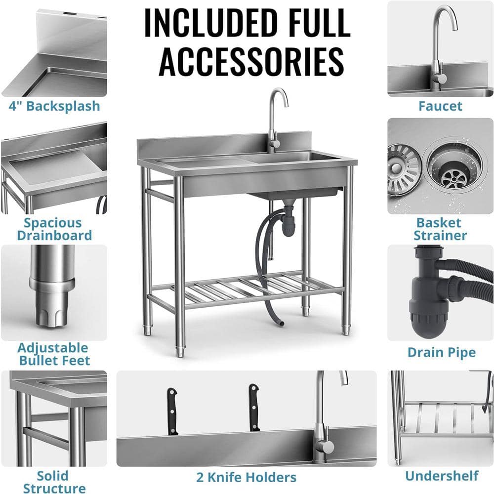 UKISHIRO 19.6 in. D x 39.3 in. W 7.8 gal. Freestanding Laundry/Utility Sink in Stainless Steel with Faucet