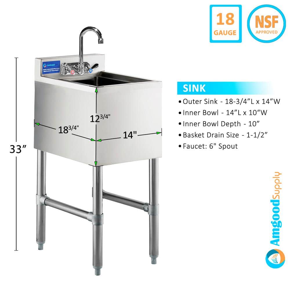 AMGOOD 18.75 x 14 Stainless Steel Under Bar Utility Sink with Faucet