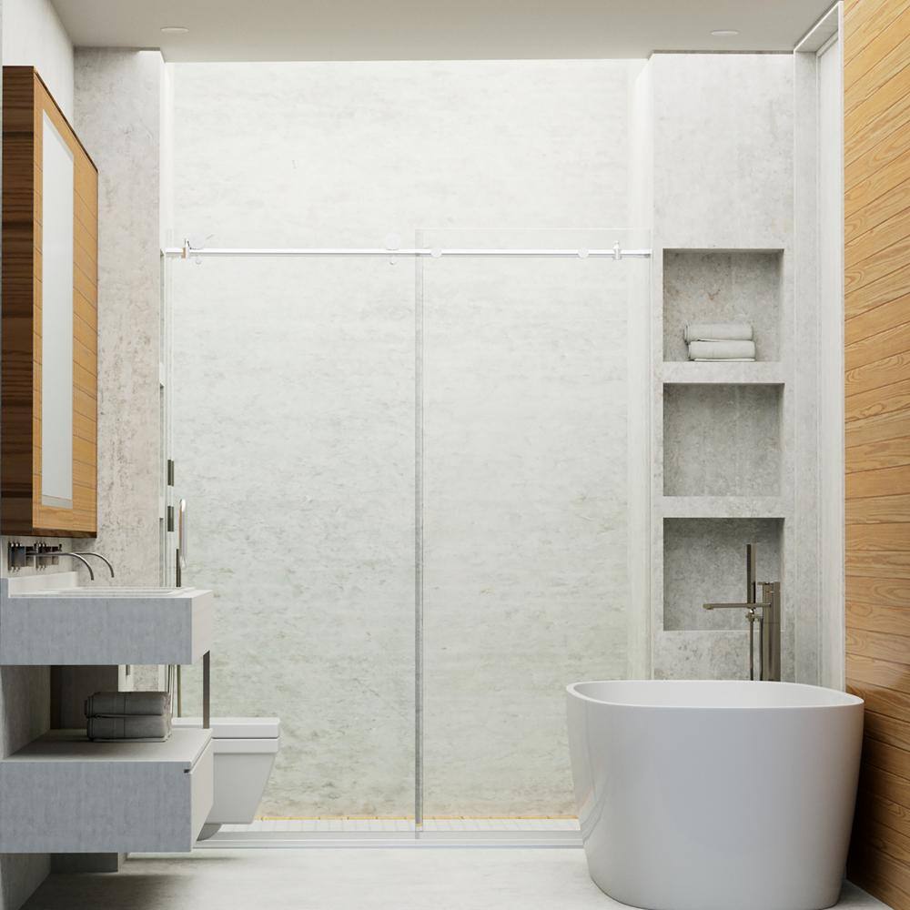 Staykiwi 60 in. W x 76 in. H Sliding Frameless Shower Door in Brushed Nickel Finish with Frosted Glass