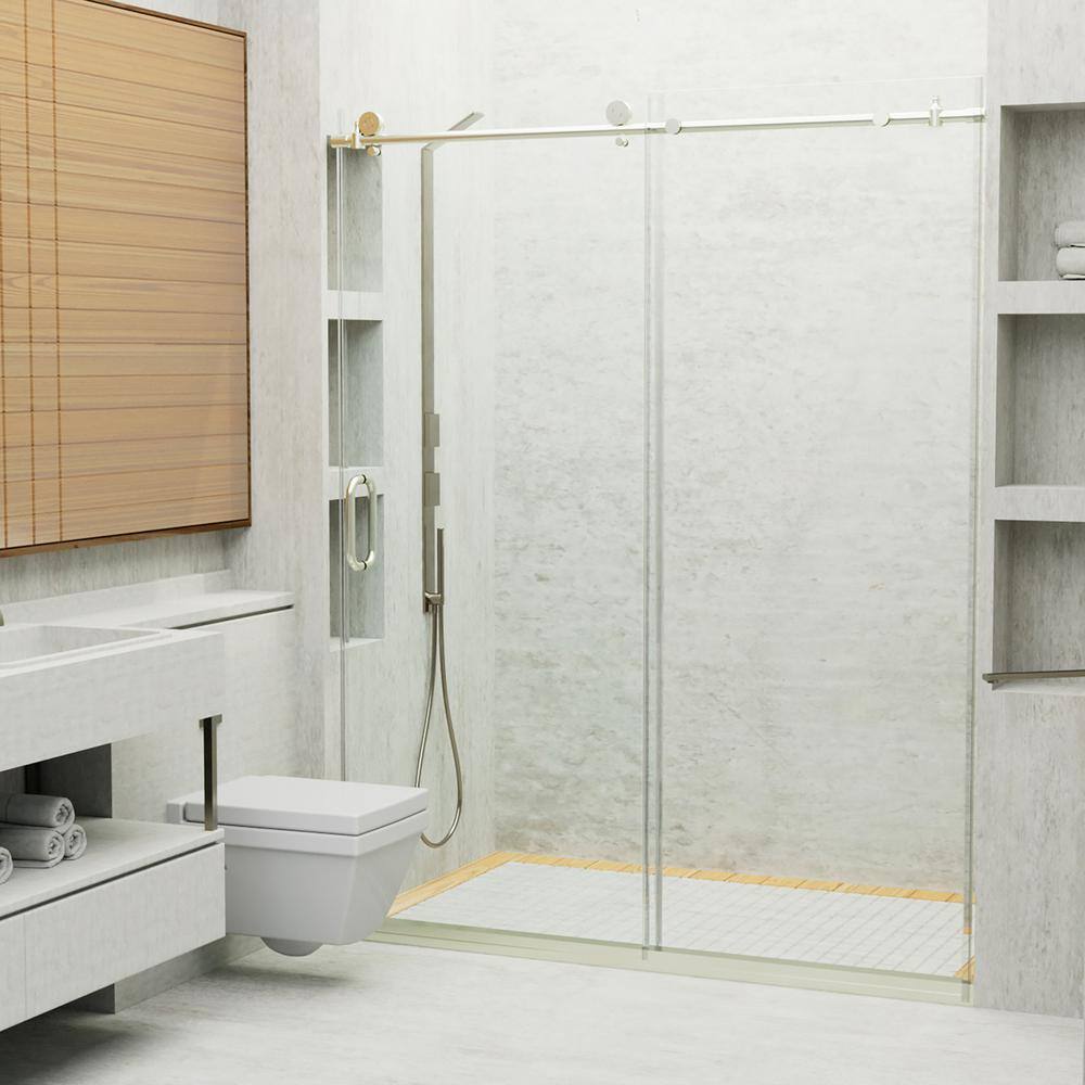 Staykiwi 60 in. W x 76 in. H Sliding Frameless Shower Door in Brushed Nickel Finish with Frosted Glass