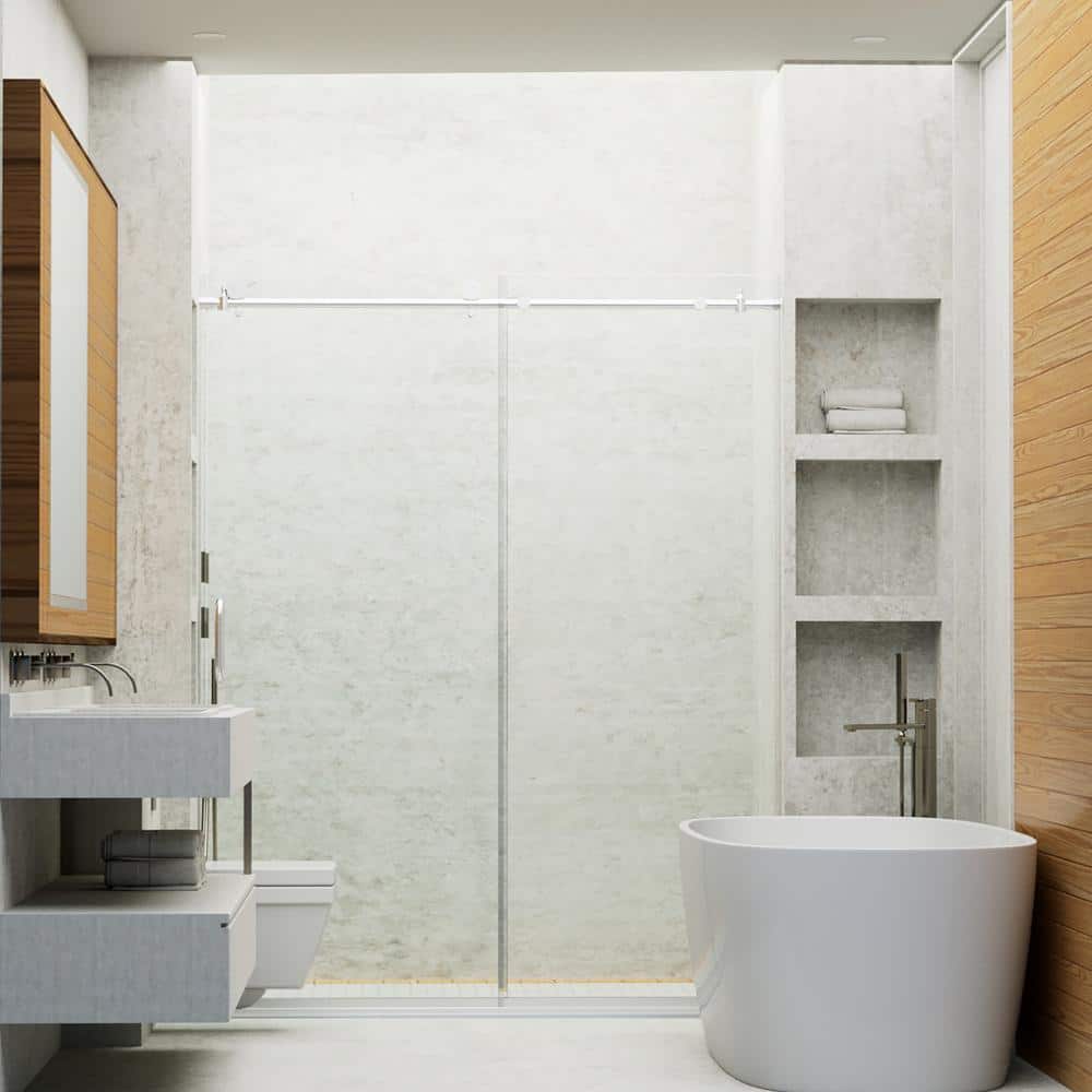Staykiwi 60 in. W x 76 in. H Sliding Frameless Shower Door in Brushed Nickel Finish with Frosted Glass