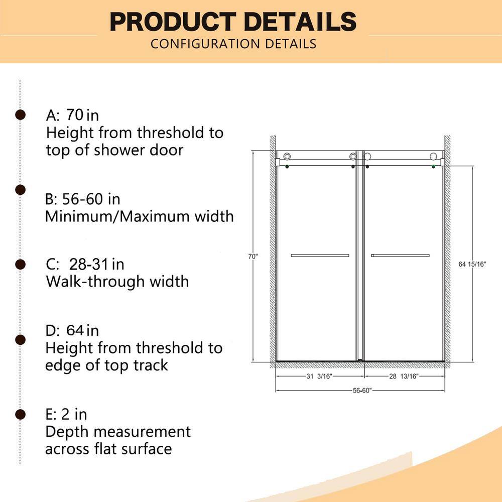 Staykiwi 60 in. W x 70 in. H Sliding Frameless Shower Door in Matte Black Finish with Clear Glass
