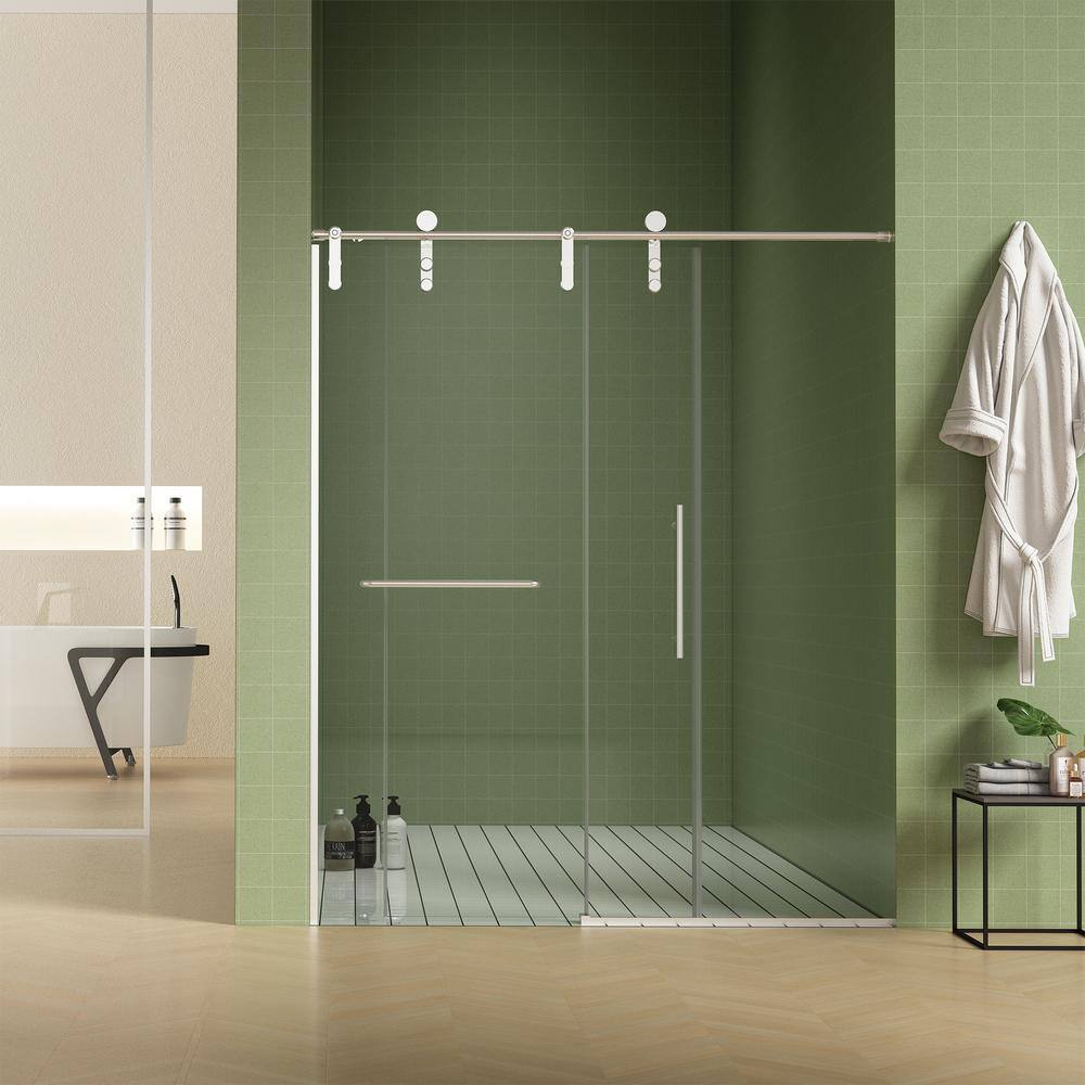 Staykiwi 60 in. W x 76.68 in. H Sliding Frameless Shower Door in Nickel Finish with Clear Glass