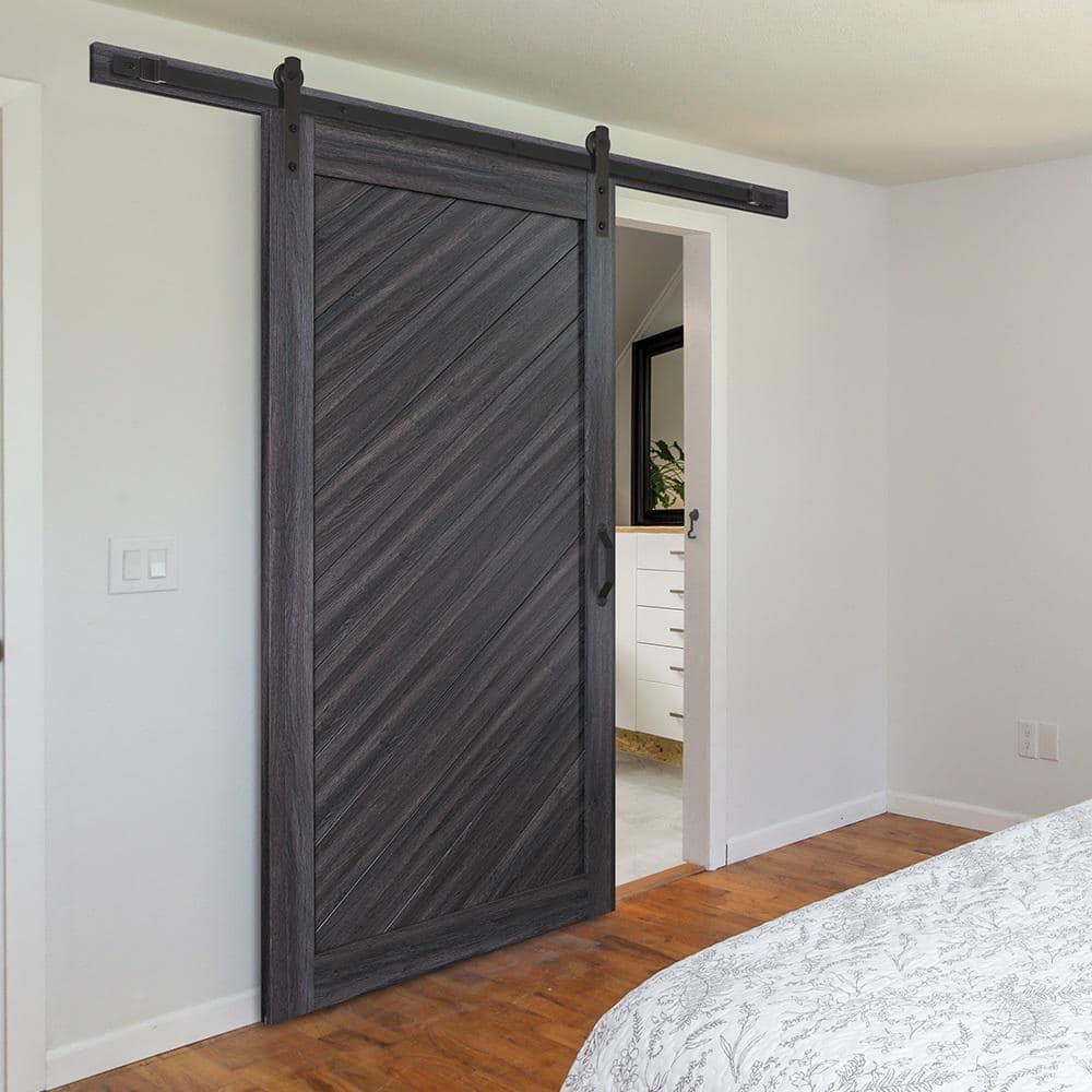 Masonite 36 in. x 84 in. Diagonal Stormy Gray Interior Sliding Barn Door Slab with Hardware Kit