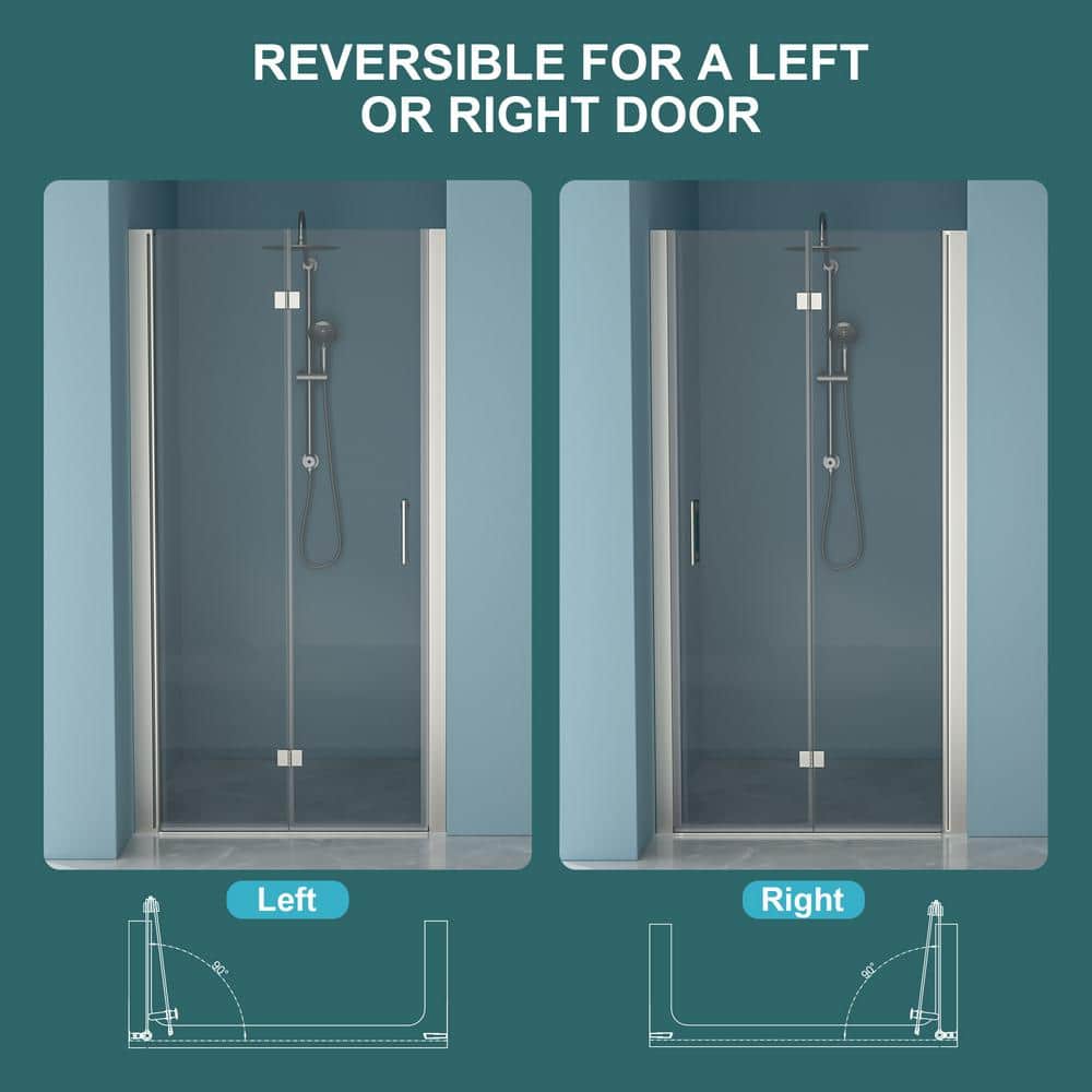 stufurhome LOD 32 in. W x 72 in. H Bifold Shower Semi-Frameless Shower Door in Brushed Nickel Finish with Clear Glass