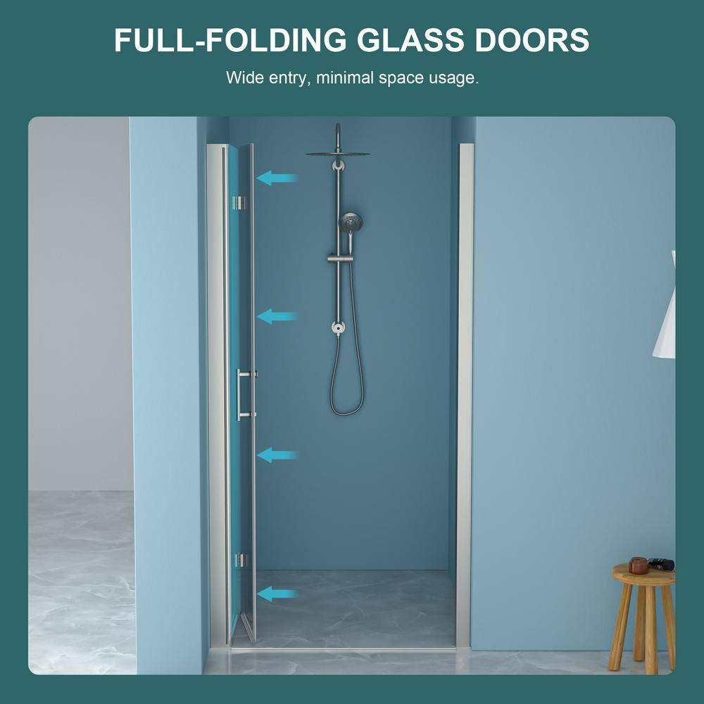 stufurhome LOD 34 to 36 in. W x 72 in. H Bifold Shower Semi-Frameless Shower Door in Brushed Nickel Finish with Clear Glass