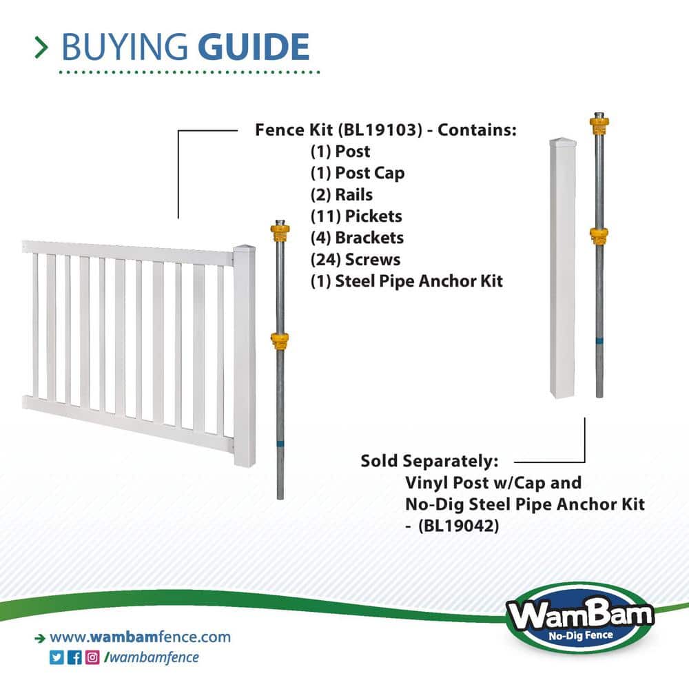 WamBam Fence Sturbridge Vinyl Yard and Pool Fence w/Post and No Dig Steel Pipe Anchor Kit 4 ft. H x 6 ft. W