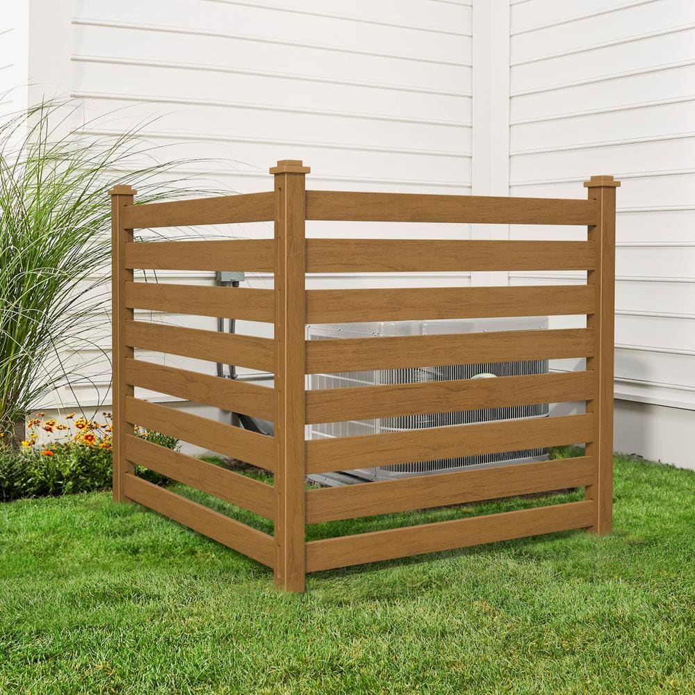 38''W x 46''H Teak Brown Outdoor No Dig Fence Poly Plastic Picket Fence Panel Decorative Garden Privacy Fence(4-Pack)