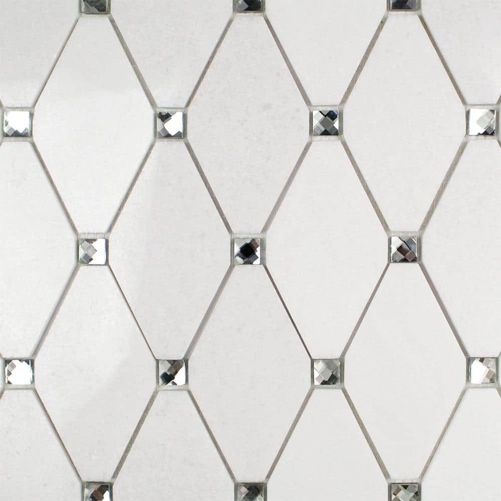 Mirage Lozenge Thassos 11.25 in. x 10.5 in. x 8 mm Marble and Glass Wall Mosaic Tile