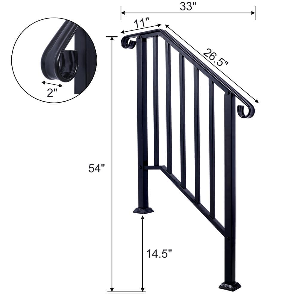 Tidoin 54 in. H x 33 in. W Black Steel Outdoor Stair Railing Kit Fit 2 or 3 Steps