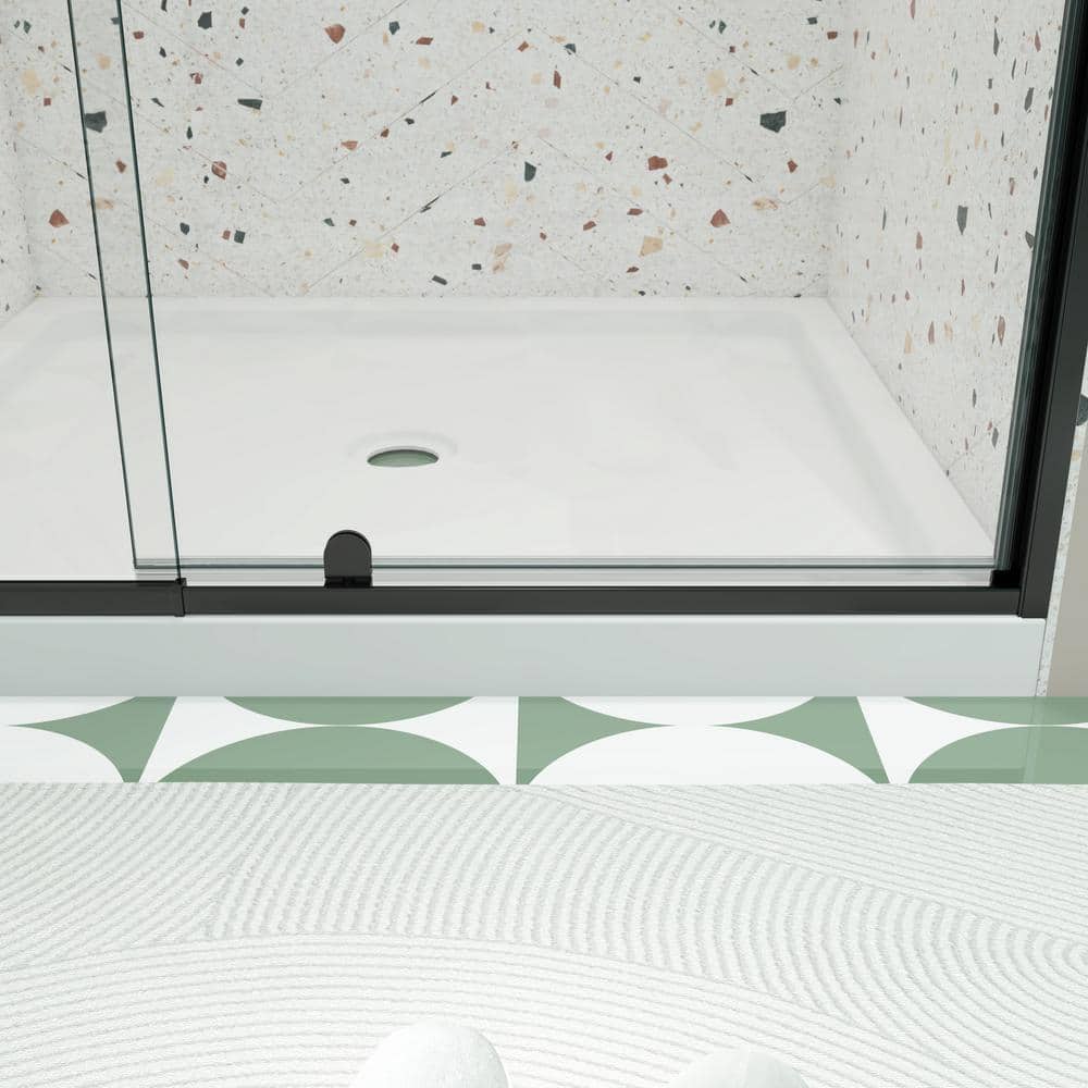 TOOLKISS 44 to 48 in. W x 71 in. H Framed Pivot Shower Door in Black with Clear Glass