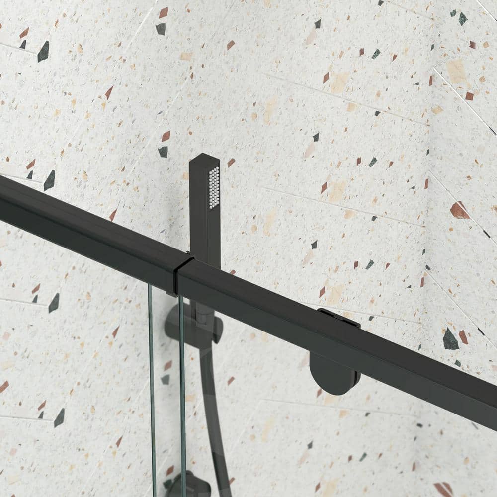 TOOLKISS 44 to 48 in. W x 71 in. H Framed Pivot Shower Door in Black with Clear Glass