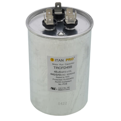 Titan Pro TRCFD455 capacitor - front view (MFD: 45/5; Product Type: Capacitor)