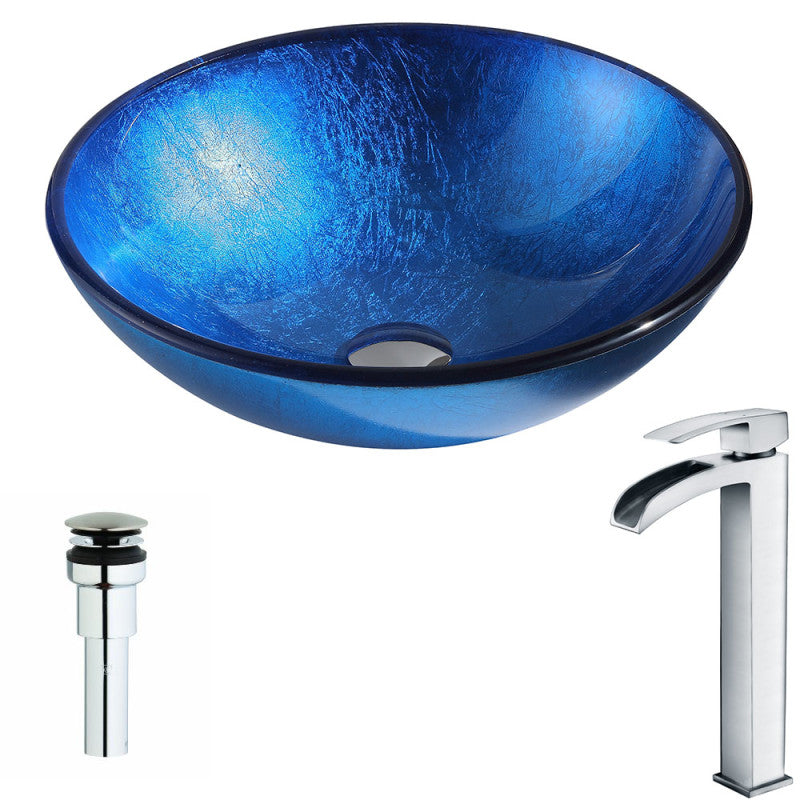 ANZZI Clavier Series Deco-Glass Vessel Sink in Lustrous Blue with Key Faucet, Brushed Nickel