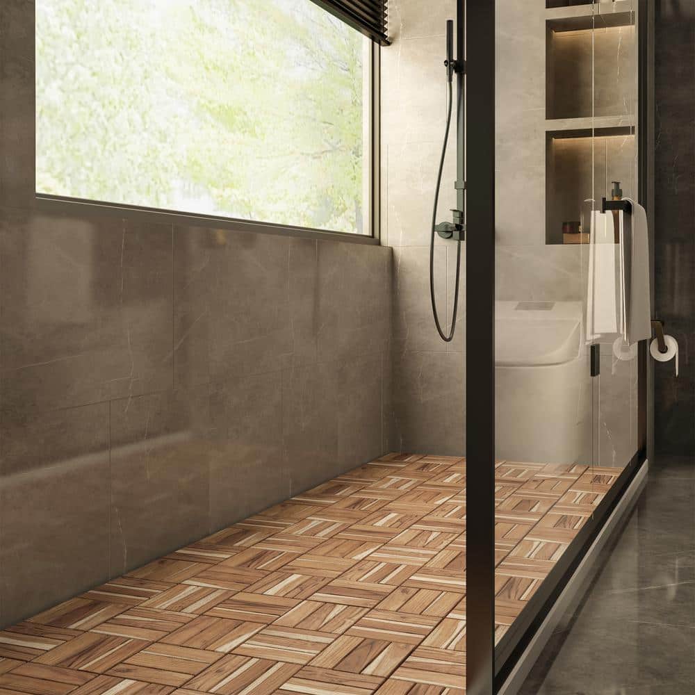 Interbuild 1 ft. x 1 ft. Interlocking 12 Slat Solid Teak Wood Deck Tile in Unfinished (10-Pieces Per Carton - 10 sq. ft.)