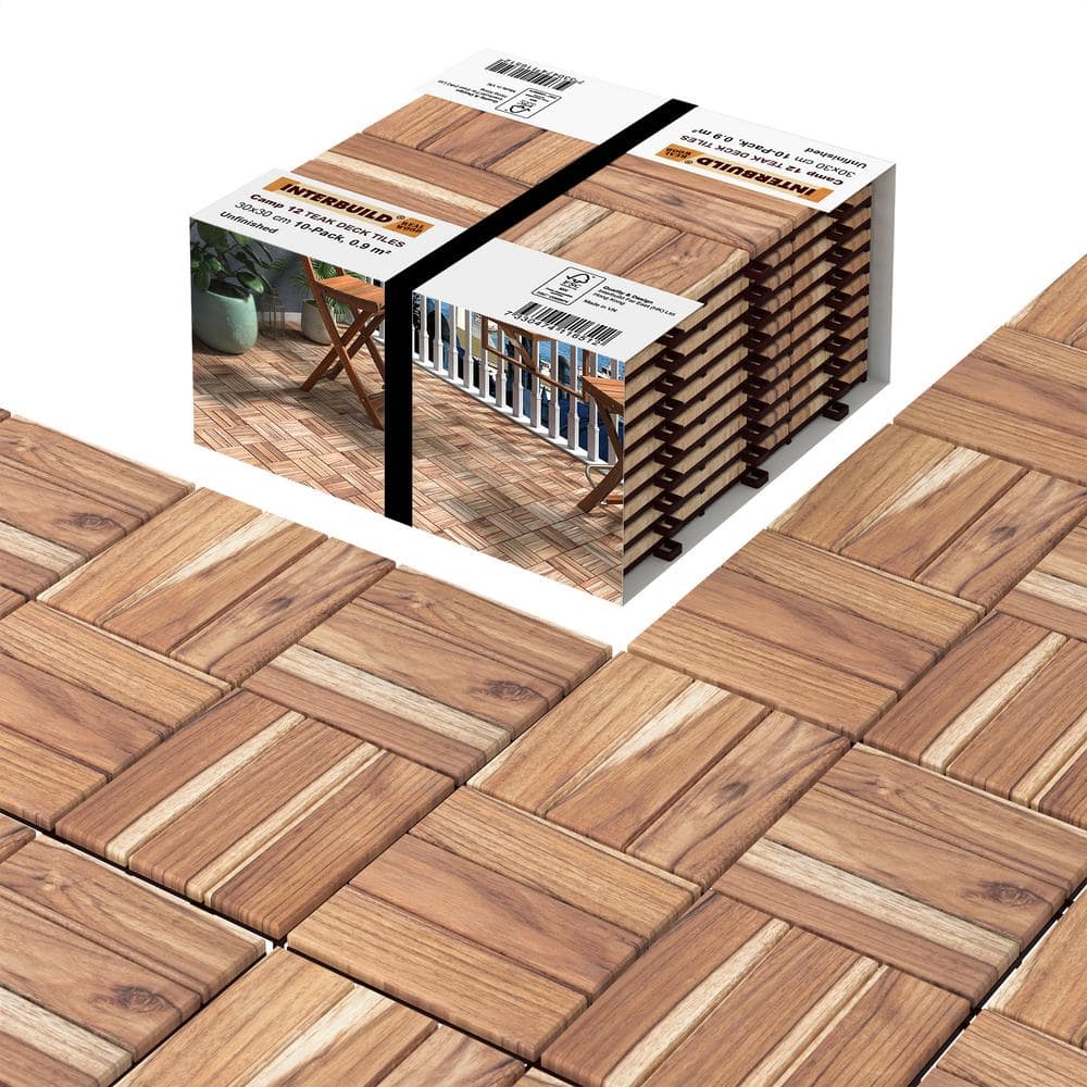 Interbuild 1 ft. x 1 ft. Interlocking 12 Slat Solid Teak Wood Deck Tile in Unfinished (10-Pieces Per Carton - 10 sq. ft.)