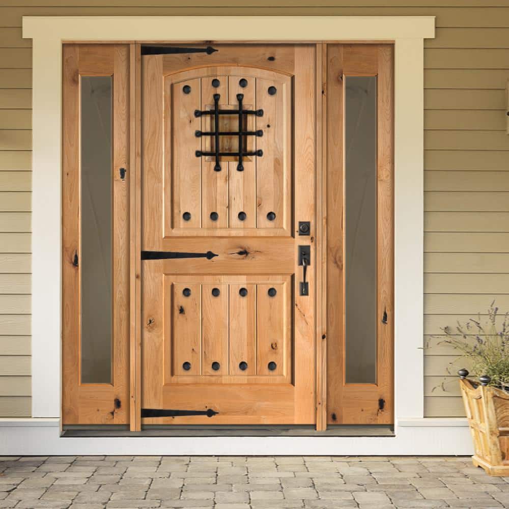 Krosswood Doors 64 in. x 80 in. Mediterranean Alder Arch Top Clear Low‑E Unfinished Wood Left‑Hand Prehung Front Door with Full Sidelites