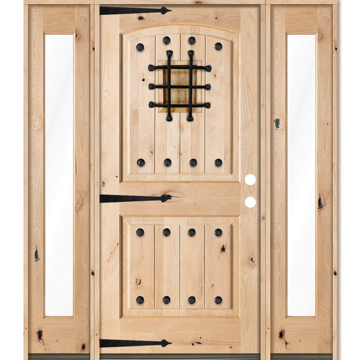 Krosswood Doors 64 in. x 80 in. Mediterranean Alder Arch Top Clear Low‑E Unfinished Wood Left‑Hand Prehung Front Door with Full Sidelites
