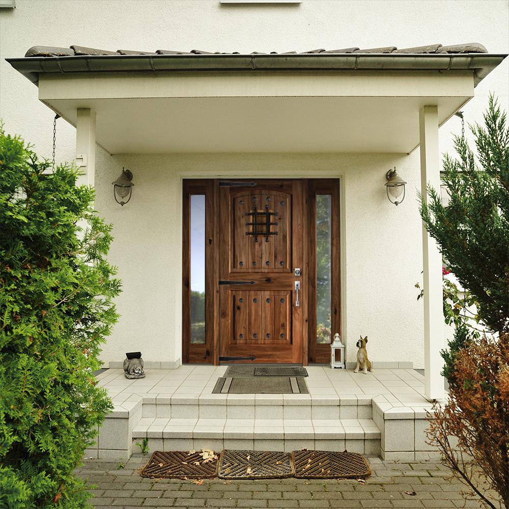Krosswood Doors 64 in. x 80 in. Mediterranean Alder Arch Top Clear Low‑E Unfinished Wood Left‑Hand Prehung Front Door with Full Sidelites