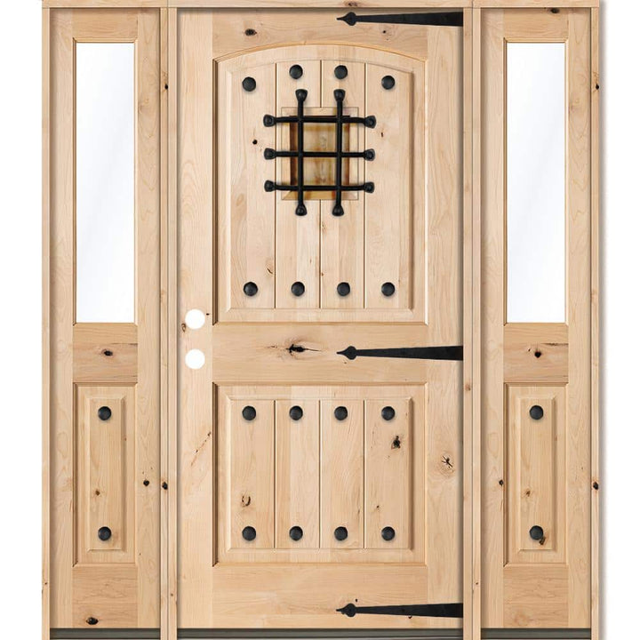 Krosswood Doors 64 in. x 80 in. Mediterranean Knotty Alder Arch Top Clear Low‑E Unfinished Wood Right‑Hand Prehung Front Door with Half Sidelites