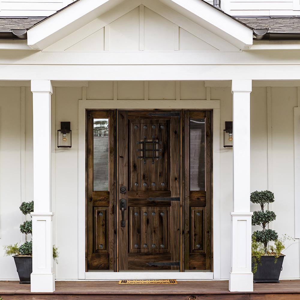 60 in. x 80 in. Mediterranean Alder Sq-Top Clear Low-E Unfinished Wood Right-Hand Prehung Front Door with Half Sidelites by Krosswood Doors