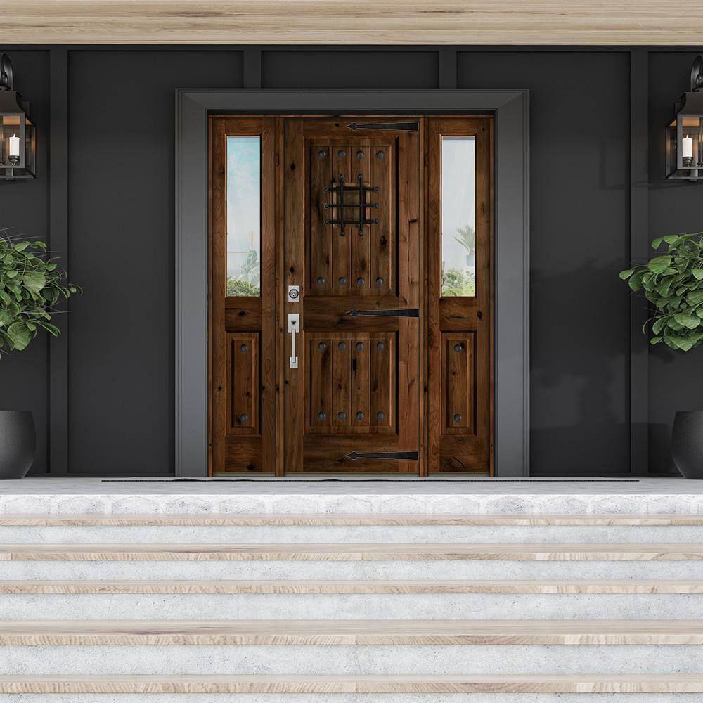 60 in. x 80 in. Mediterranean Alder Sq-Top Clear Low-E Unfinished Wood Right-Hand Prehung Front Door with Half Sidelites by Krosswood Doors