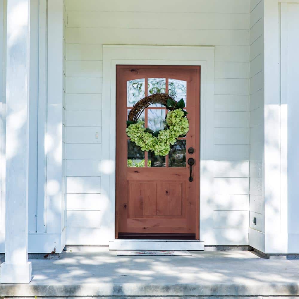 36 in. x 80 in. Krosswood Doors Knotty Alder Left-Hand/Inswing 9-Lite Arch Top V-Panel Clear Glass Unfinished Wood Prehung Front Door