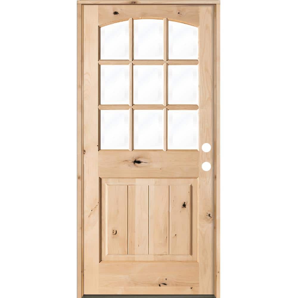 36 in. x 80 in. Krosswood Doors Knotty Alder Left-Hand/Inswing 9-Lite Arch Top V-Panel Clear Glass Unfinished Wood Prehung Front Door