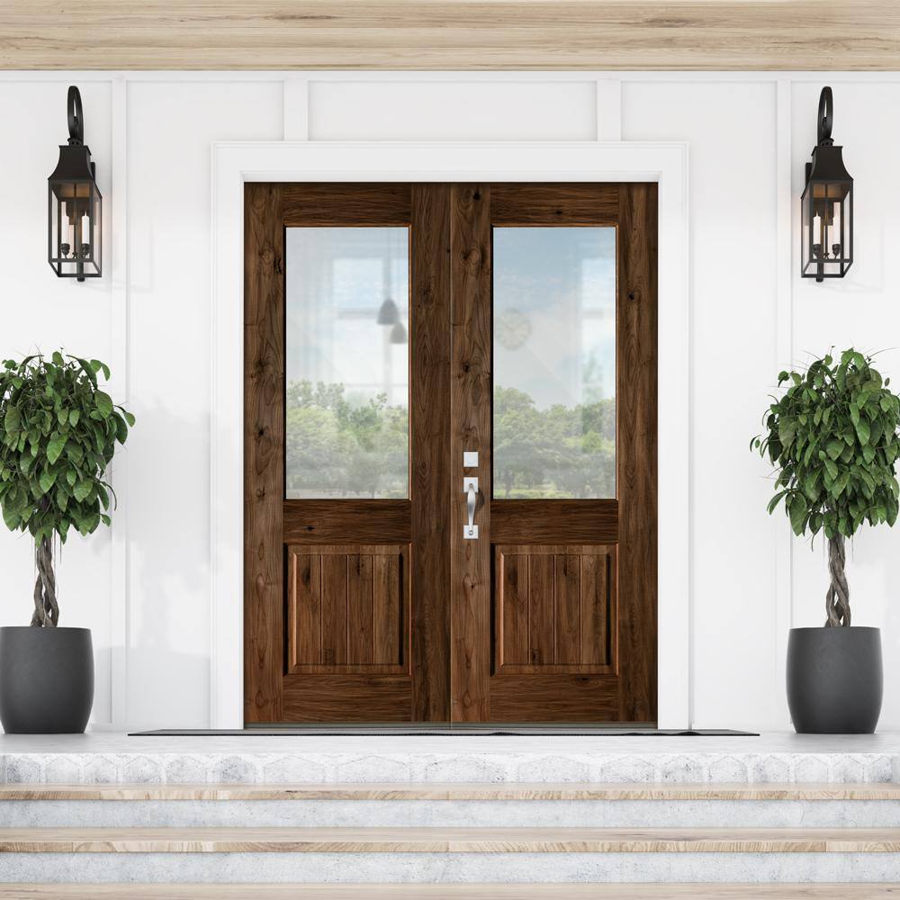 Krosswood Doors 64 in. x 96 in. Rustic Knotty Alder Clear Half-Lite Unfinished Wood with V-Groove Right Active Double Prehung Front Door