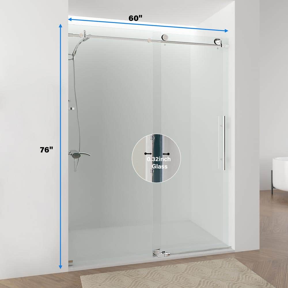 Vanity Art 76 in. H x 60 in. W Frameless Sliding Shower Door in Chrome with Clear Tempered Glass