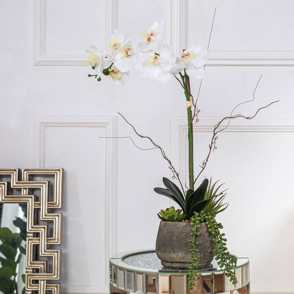 Vanity Art 23. 23 in. H Artificial Phalaenopsis Orchid Floral Arrangement in Decorative Cement in Pot