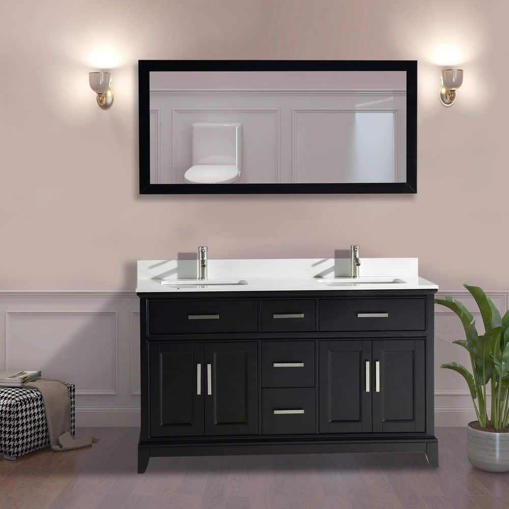 Vanity Art Genoa 60 in. W x 22 in. D x 36 in. H Bath Vanity in Espresso with Engineered Marble Top in White with Basin and Mirror