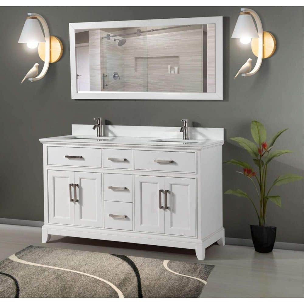 Vanity Art Genoa 60 in. W x 22 in. D x 36 in. H Bath Vanity in White with Engineered Marble Top in White with Basin and Mirror