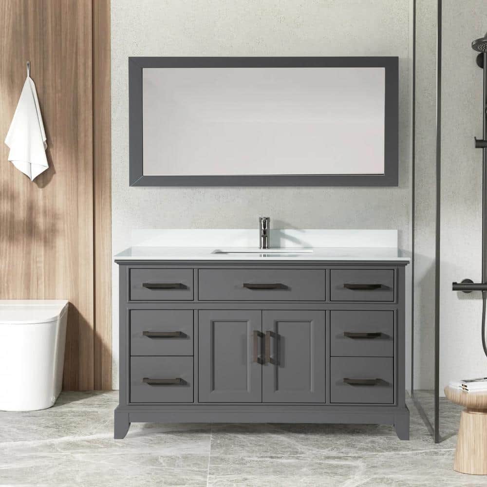 Vanity Art Genoa 60 in. W x 22 in. D x 36 in. H Bath Vanity in Grey withEngineered Marble Top in White with Basin and Mirror
