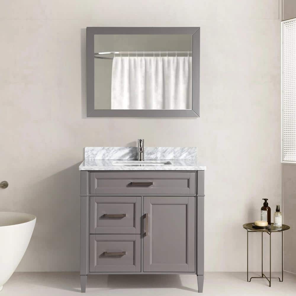 Vanity Art Savona 36 in. W x 22 in. D x 36 in. H Vanity in Grey with Single Basin Vanity Top in White and Grey Marble and Mirror