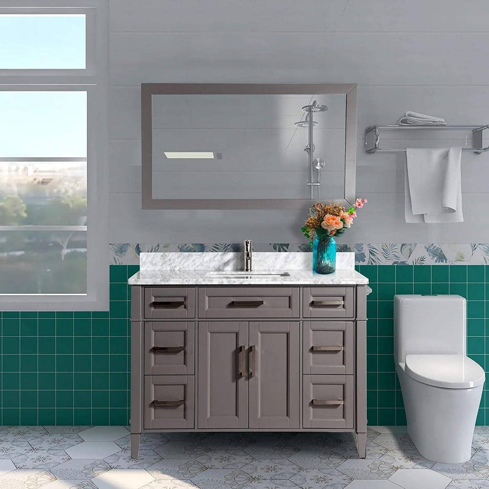 Vanity Art Savona 48 in. W x 22 in. D x 36 in. H Vanity in Grey with Single Basin Vanity Top in White and Grey Marble and Mirror