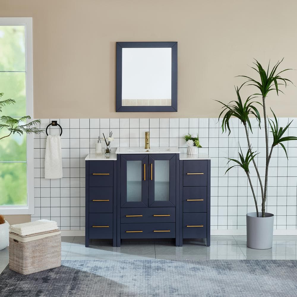 Vanity Art Brescia 48 in. W x 18.1 in. D x 35.8 in. H Single Basin Bathroom Vanity in Blue with Top in White Ceramic and Mirror