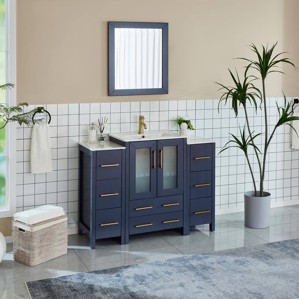 Vanity Art Brescia 48 in. W x 18.1 in. D x 35.8 in. H Single Basin Bathroom Vanity in Blue with Top in White Ceramic and Mirror