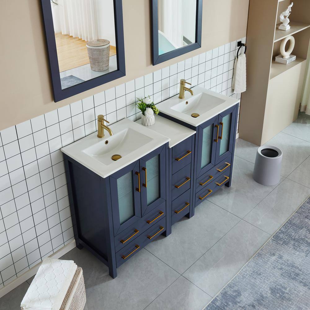 Vanity Art Brescia 60 in. W x 18.1 in. D x 35.8 in. H Double Basin Bathroom Vanity in Blue with Top in White Ceramic and Mirror