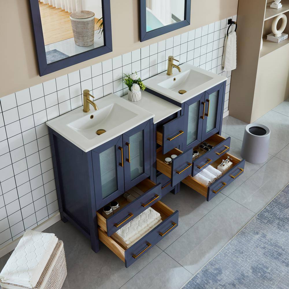 Vanity Art Brescia 60 in. W x 18.1 in. D x 35.8 in. H Double Basin Bathroom Vanity in Blue with Top in White Ceramic and Mirror