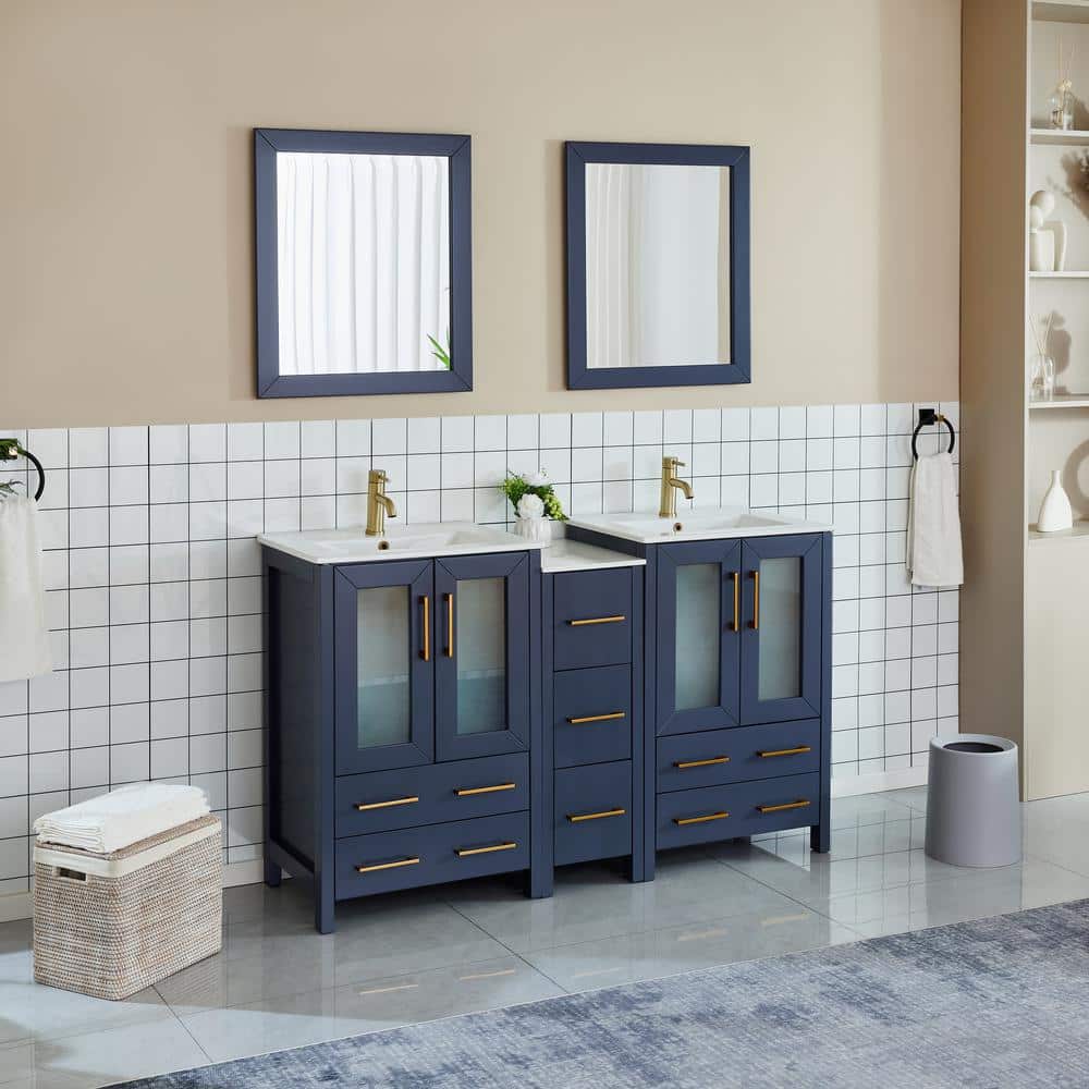 Vanity Art Brescia 60 in. W x 18.1 in. D x 35.8 in. H Double Basin Bathroom Vanity in Blue with Top in White Ceramic and Mirror