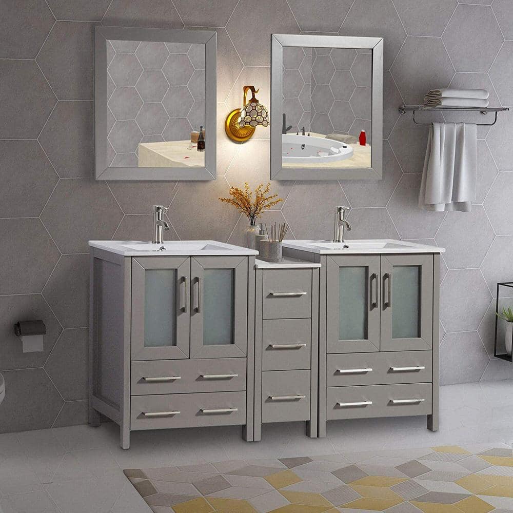 Vanity Art Brescia 60 in. W x 18.1 in. D x 35.8 in. H Double Basin Bathroom Vanity in Grey with Top in White Ceramic and Mirror
