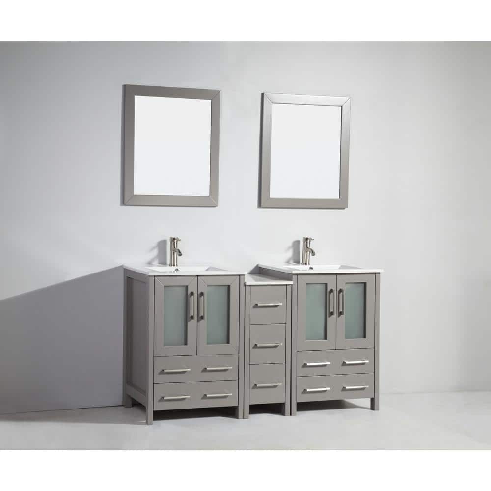 Vanity Art Brescia 60 in. W x 18.1 in. D x 35.8 in. H Double Basin Bathroom Vanity in Grey with Top in White Ceramic and Mirror