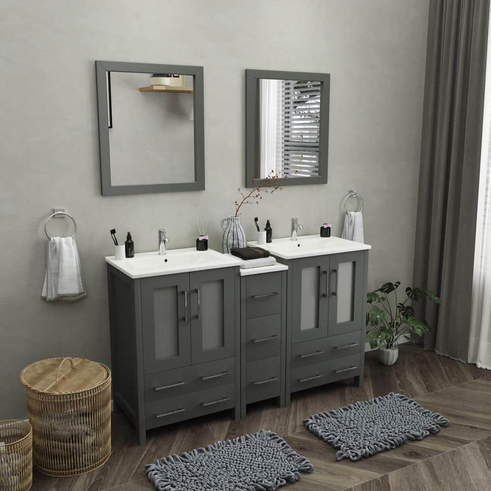 Vanity Art Brescia 60 in. W x 18.1 in. D x 35.8 in. H Double Basin Bathroom Vanity in Grey with Top in White Ceramic and Mirror
