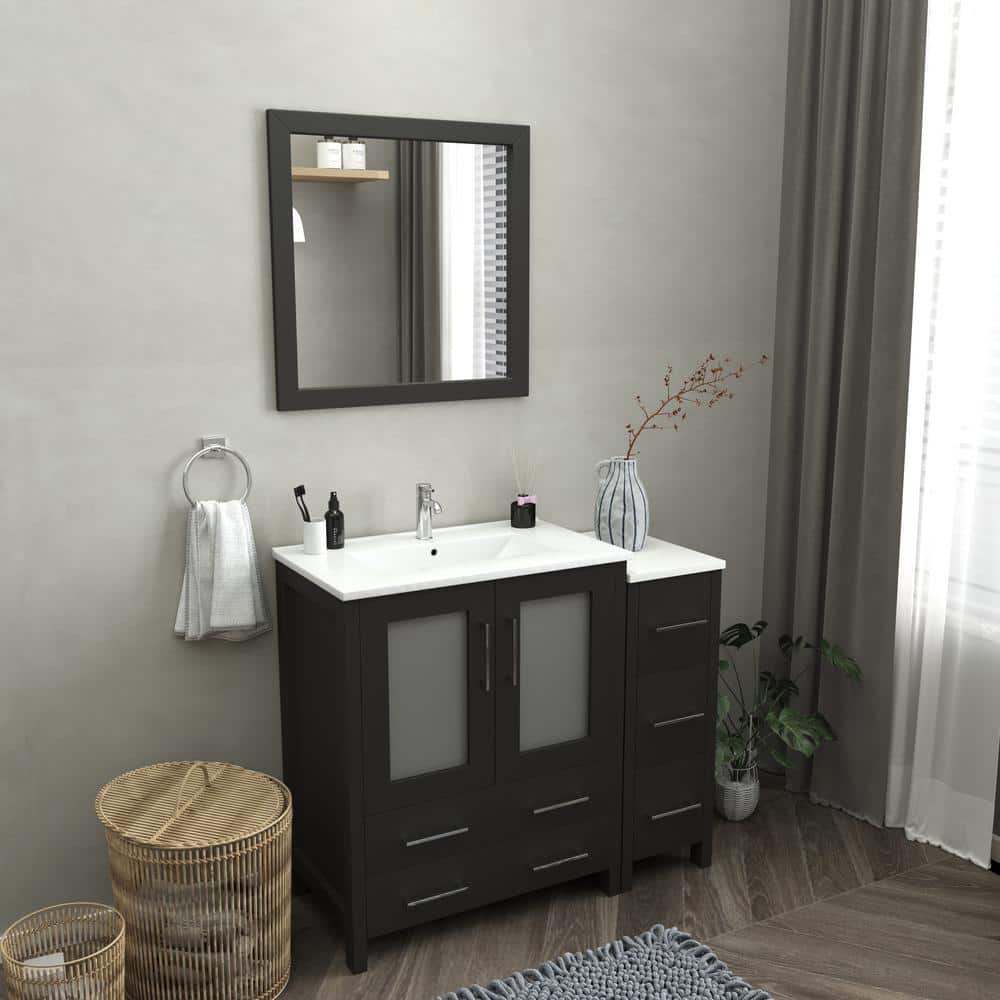 Vanity Art 42 in. W x 18 in. D x 36 in. H Bathroom Vanity in Espresso with Single Basin Vanity Top in White Ceramic and Mirror