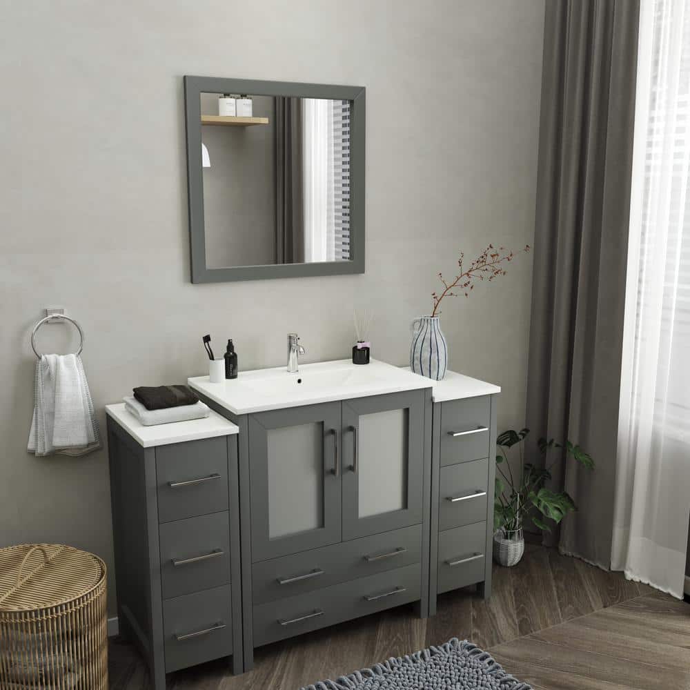 Vanity Art Brescia 54 in. W x 18 in. D x 36 in. H Bathroom Vanity in Grey with Vanity Top in White with White Basin and Mirror